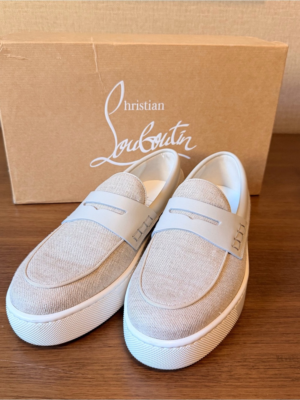 Christian Louboutin Paqueboat Leather-Trimmed Linen-Canvas Loafers - Size 40.5